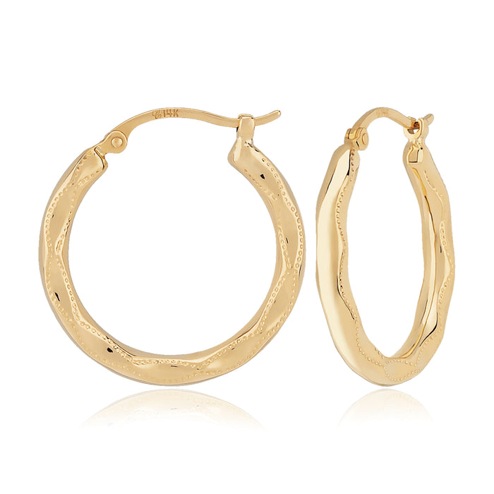 14K Yellow Gold Round Embossed Hoop Earrings