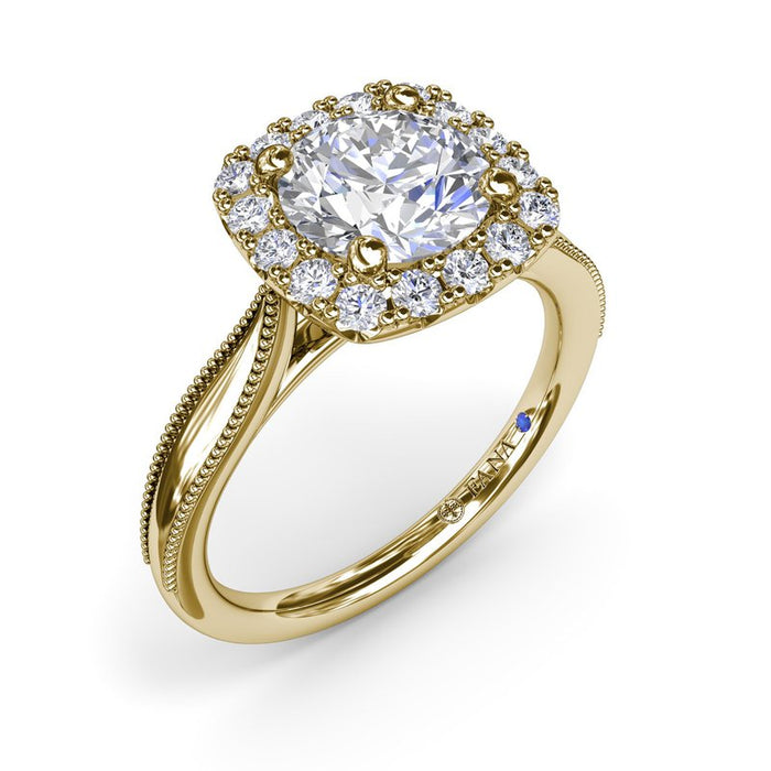 Tapered Milgrain Shank with Cushion Halo Engagement Ring Setting