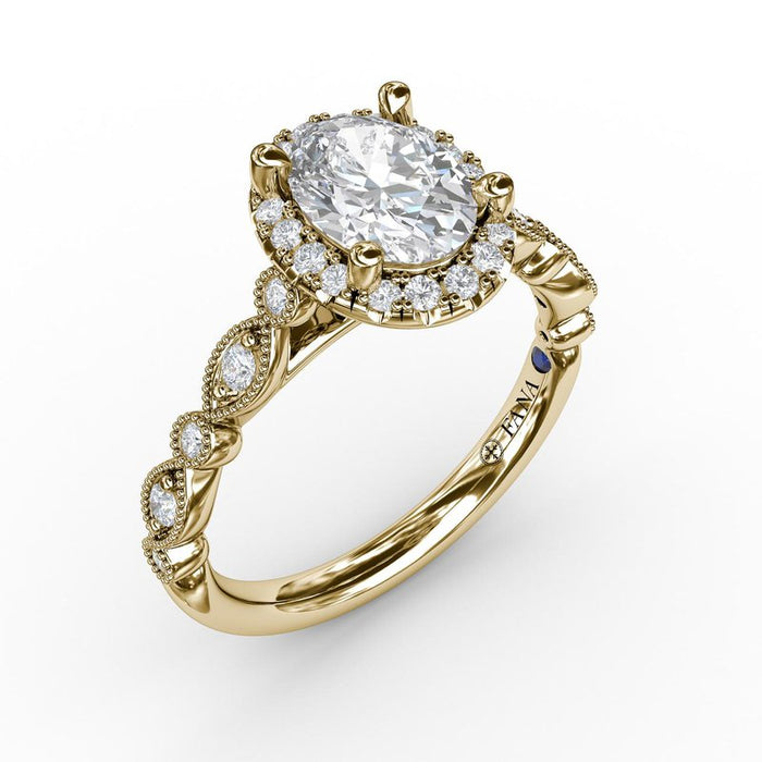 Classic Oval Halo with Detailed Milgrain Shank Engagement Ring Setting