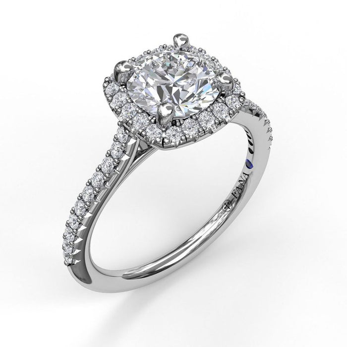 Delicate Cushion Halo with Pavé Shank Engagement Ring Setting