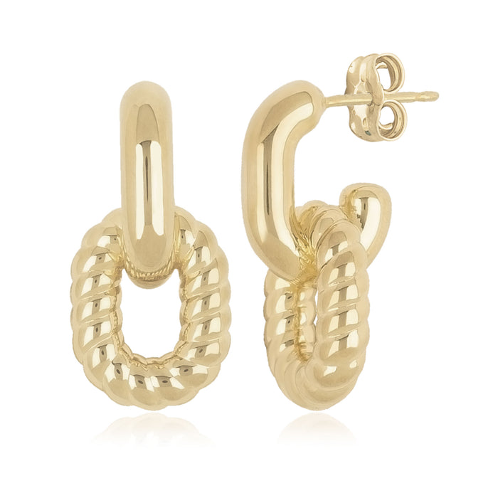 14K Yellow Gold Oval Double Link Twist Dangle Earrings