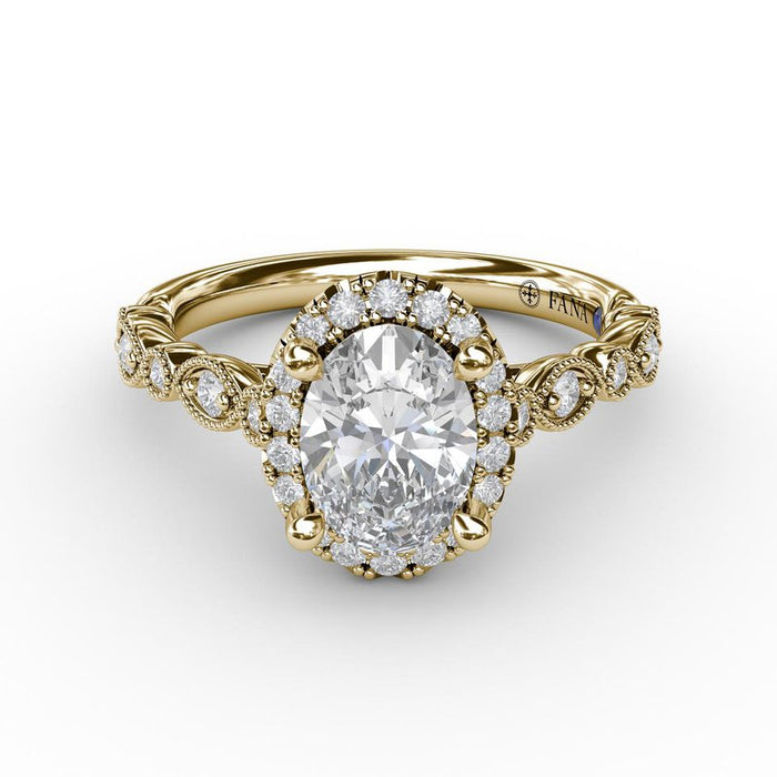 Classic Oval Halo with Detailed Milgrain Shank Engagement Ring Setting