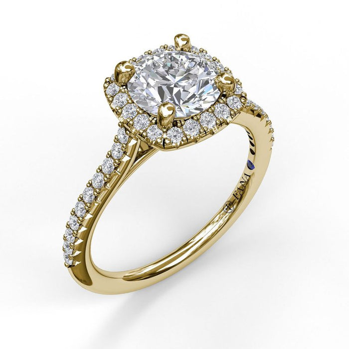 Delicate Cushion Halo with Pavé Shank Engagement Ring Setting