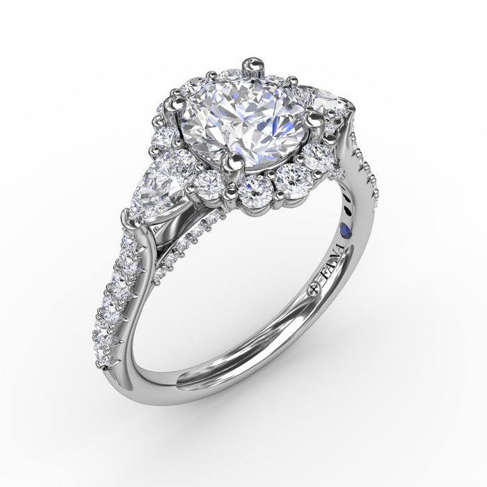 Pear-Shaped Side Stones with Halo and Diamond Shank Engagement Ring Setting