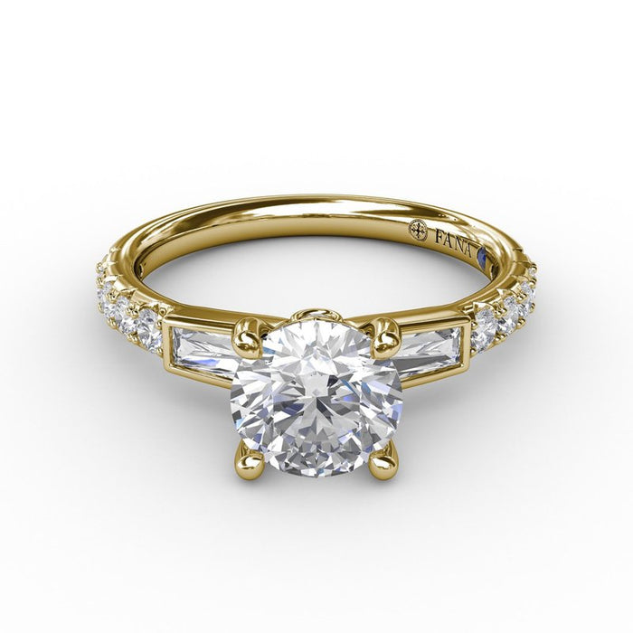 Bezel-Set Baguette Side Stones with Diamond Shank Engagement Ring Setting
