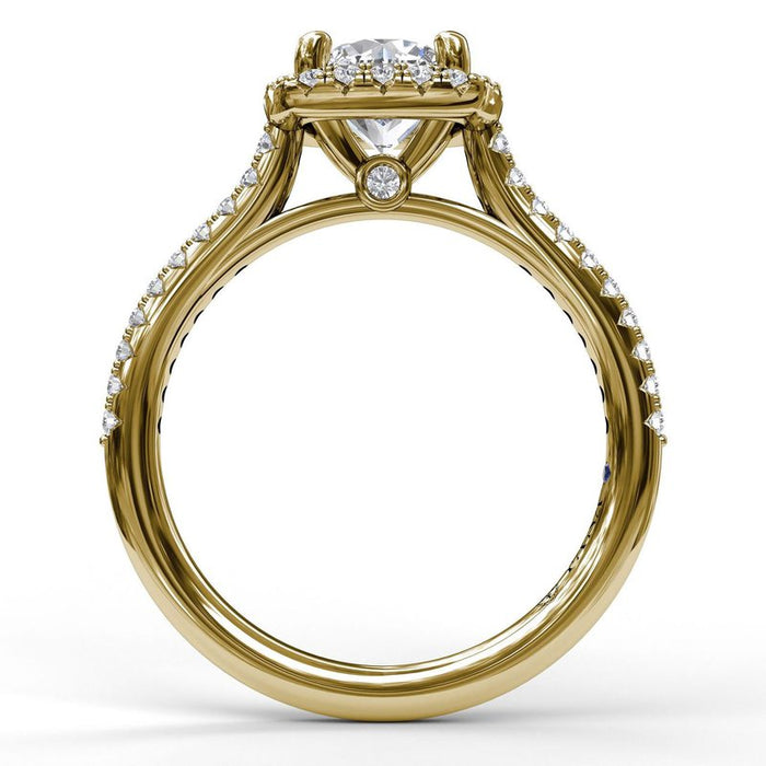 Delicate Cushion Halo with Pavé Shank Engagement Ring Setting