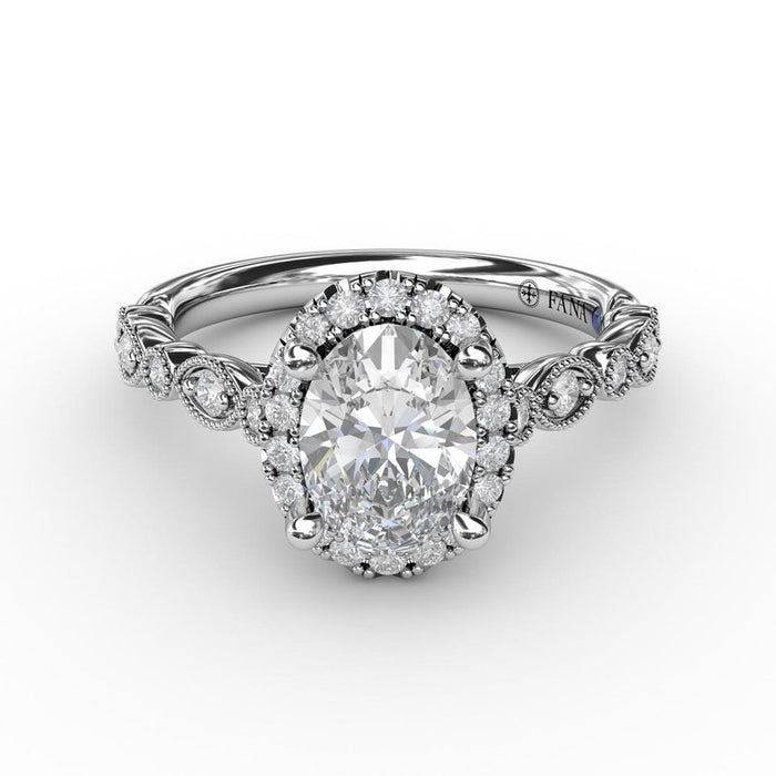 Classic Oval Halo with Detailed Milgrain Shank Engagement Ring Setting