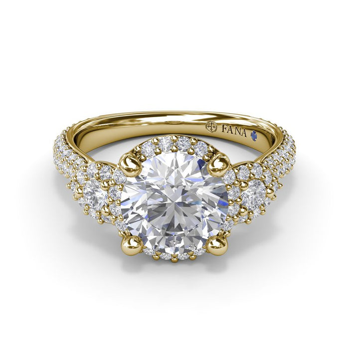 Three-Stone with Triple Halo and Triple Row Pavé Shank Engagement Ring Setting