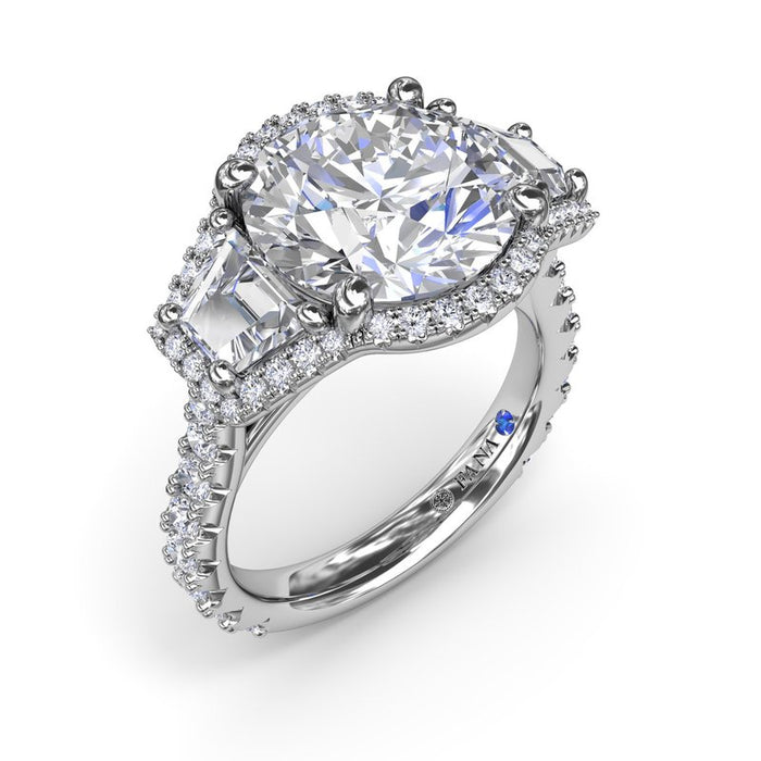 Full Halo with Round and Trapezoid Three-Stone Engagement Ring Setting