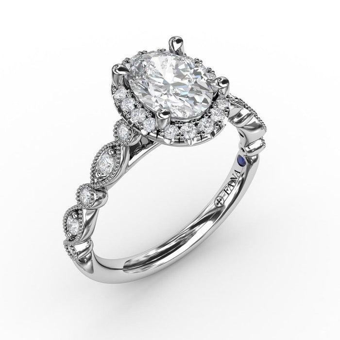 Classic Oval Halo with Detailed Milgrain Shank Engagement Ring Setting