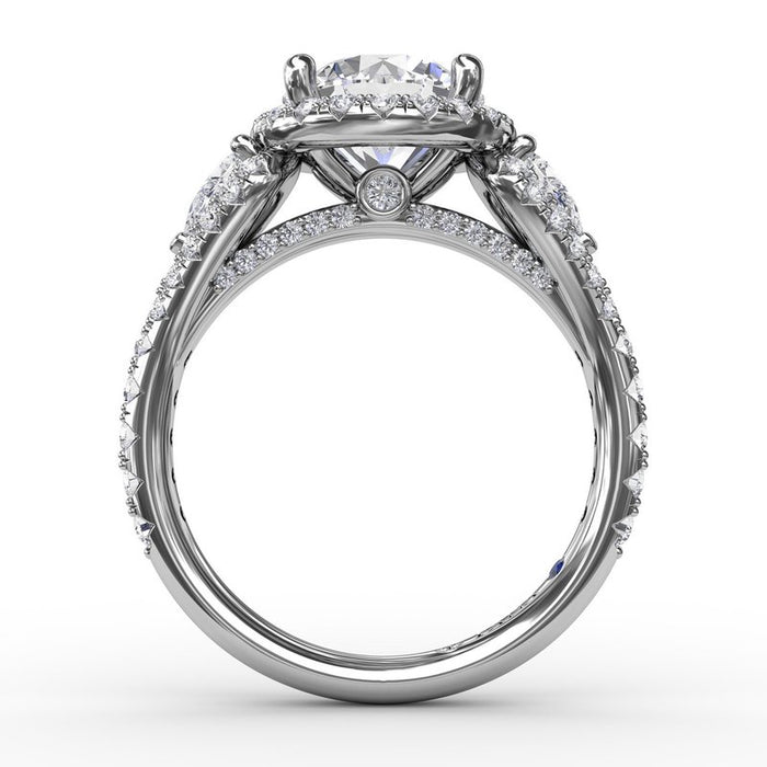 Pear-Shaped Side Stones with Round Halo Engagement Ring Setting