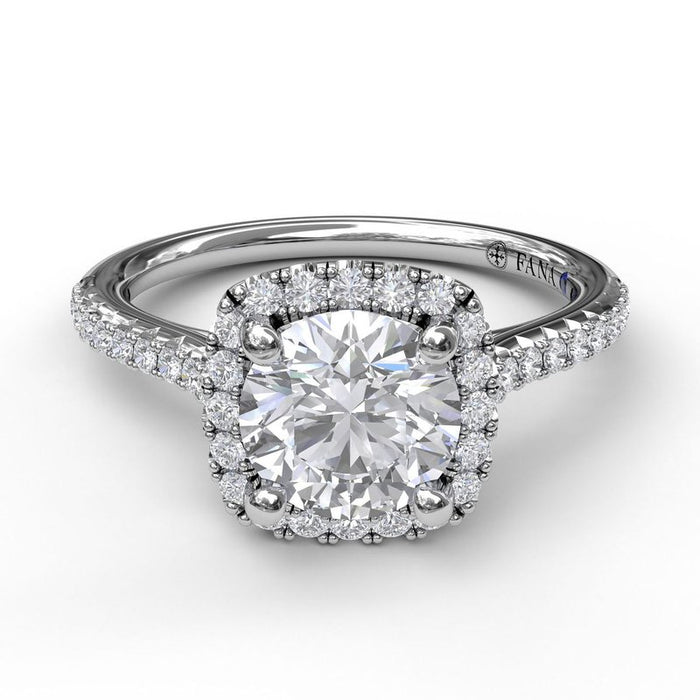 Delicate Cushion Halo with Pavé Shank Engagement Ring Setting