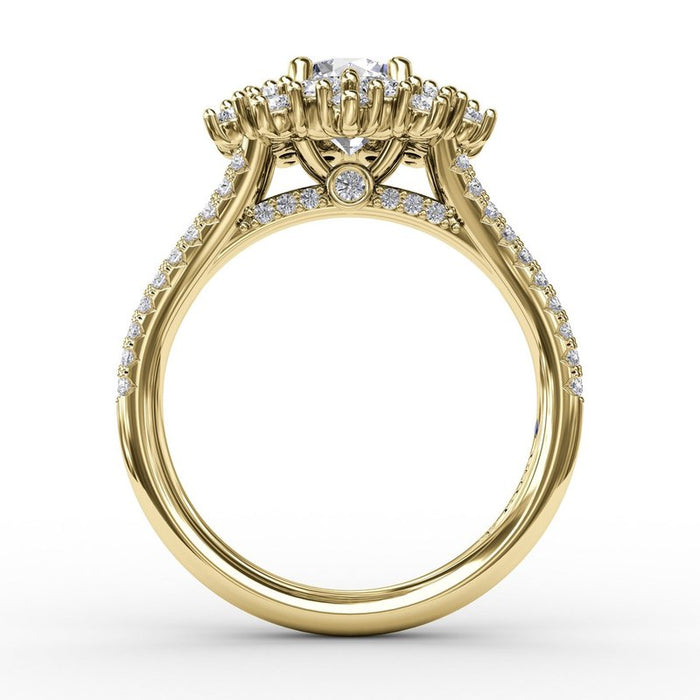 Floral Halo with Double-Row Pavé Shank Engagement Ring Setting