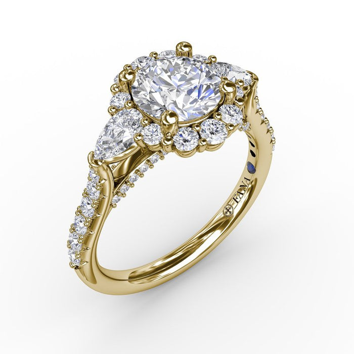 Pear-Shaped Side Stones with Halo and Diamond Shank Engagement Ring Setting