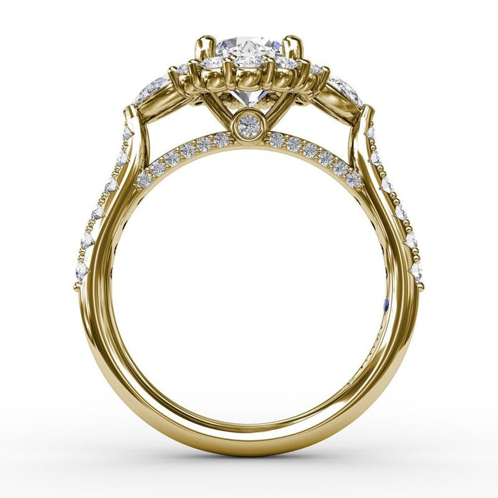 Pear-Shaped Side Stones with Halo and Diamond Shank Engagement Ring Setting