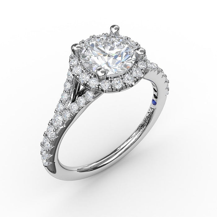 Classic Round Halo with Subtle Split Shank Engagement Ring Setting
