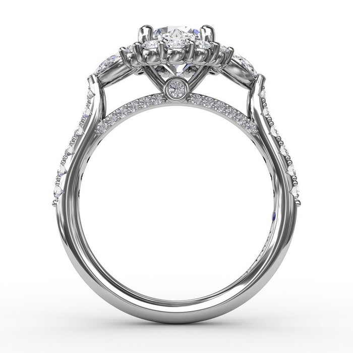 Pear-Shaped Side Stones with Halo and Diamond Shank Engagement Ring Setting