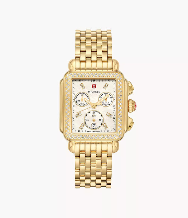 Michele Deco Diamond Watch, Gold-Tone with White MOP Dial