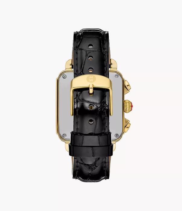 Michele Deco Sport Watch, Gold-Tone with Black Leather Strap