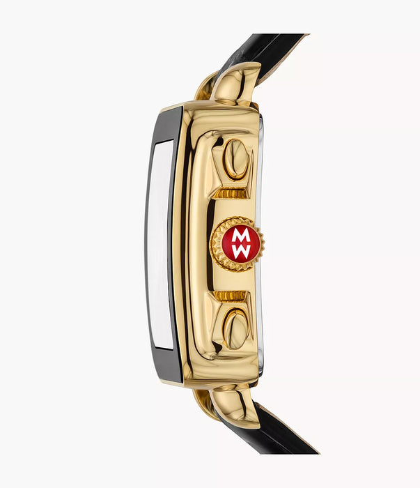 Michele Deco Sport Watch, Gold-Tone with Black Leather Strap