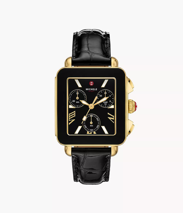 Michele Deco Sport Watch, Gold-Tone with Black Leather Strap