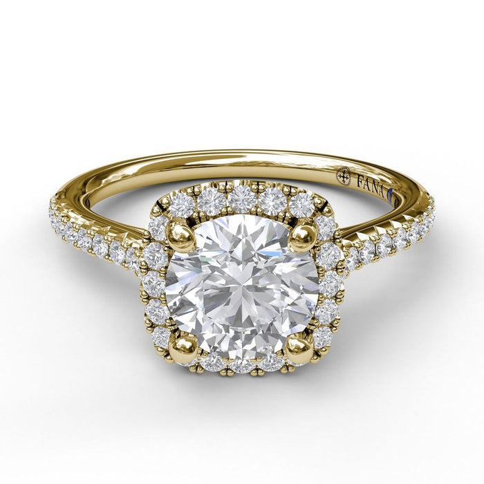 Delicate Cushion Halo with Pavé Shank Engagement Ring Setting