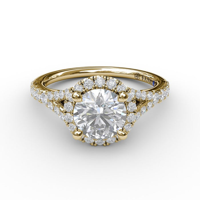 Classic Round Halo with Subtle Split Shank Engagement Ring Setting