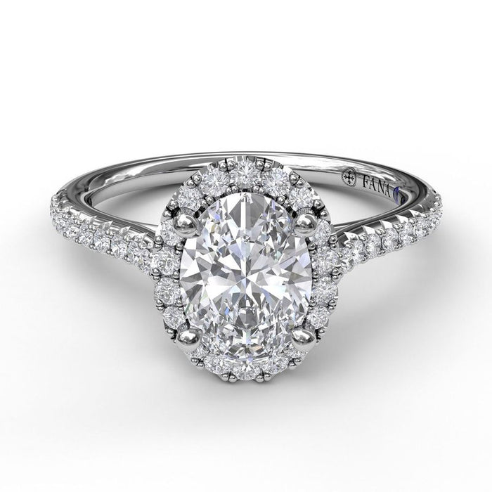 Delicate Oval Halo with Pavé Shank Engagement Ring Setting