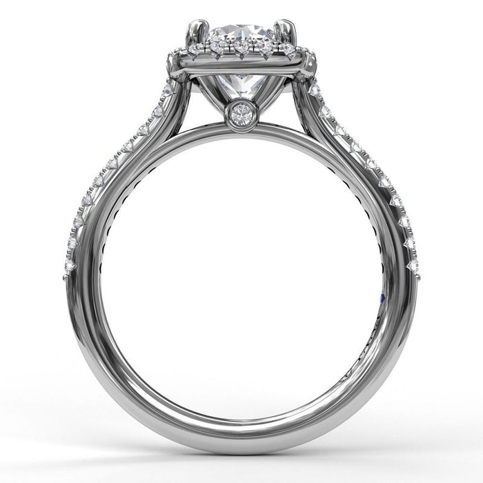 Delicate Cushion Halo with Pavé Shank Engagement Ring Setting