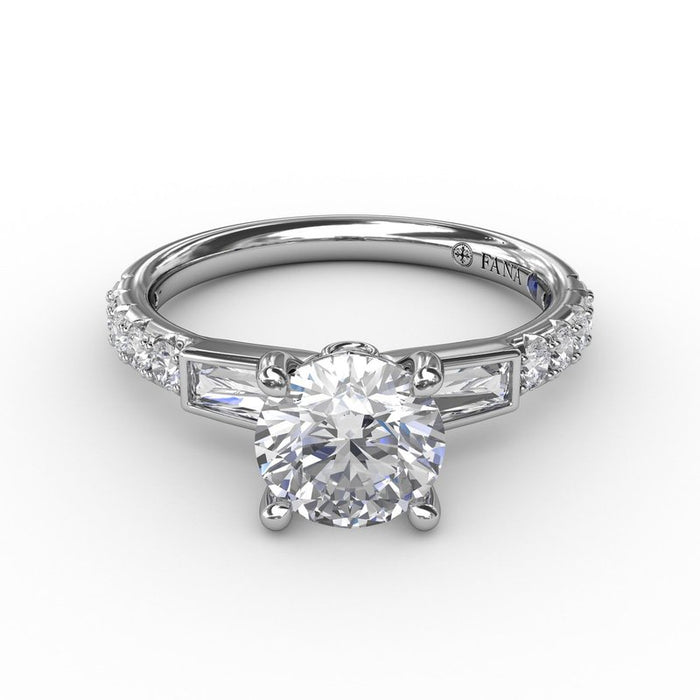 Bezel-Set Baguette Side Stones with Diamond Shank Engagement Ring Setting