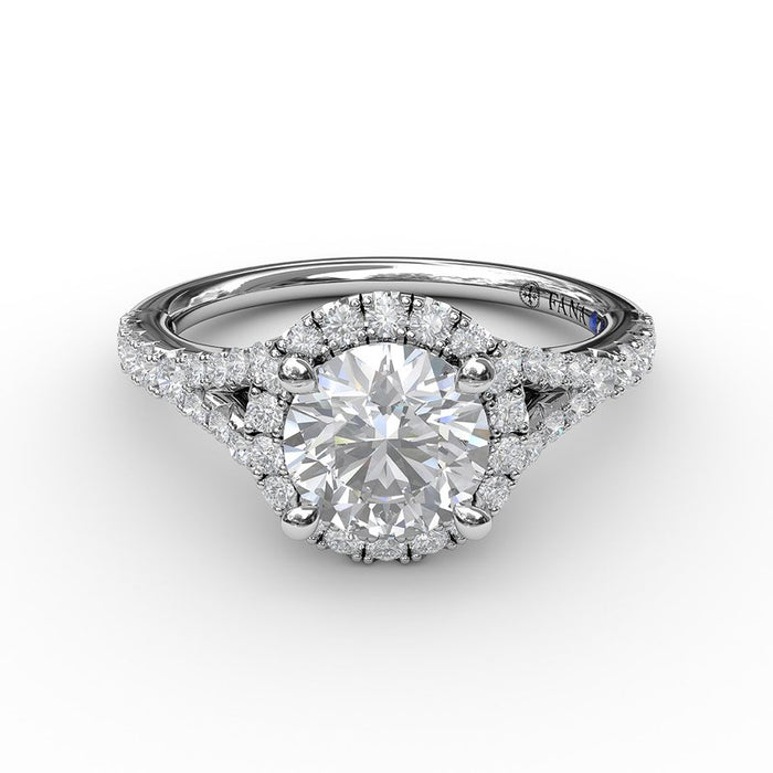 Classic Round Halo with Subtle Split Shank Engagement Ring Setting