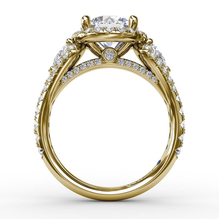Pear-Shaped Side Stones with Round Halo Engagement Ring Setting