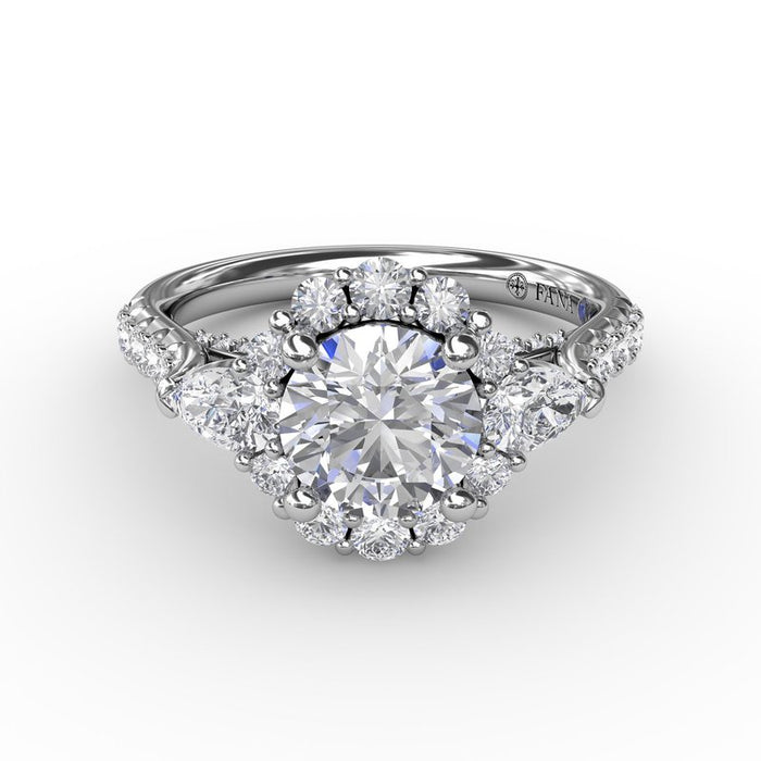 Pear-Shaped Side Stones with Halo and Diamond Shank Engagement Ring Setting