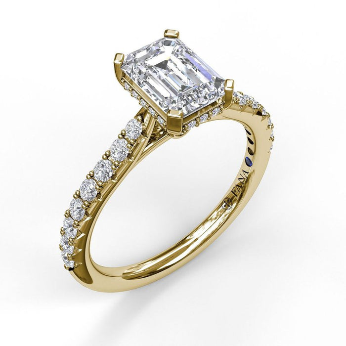 Emerald Cut with Hidden Halo and Diamond Shank Engagement Ring Setting