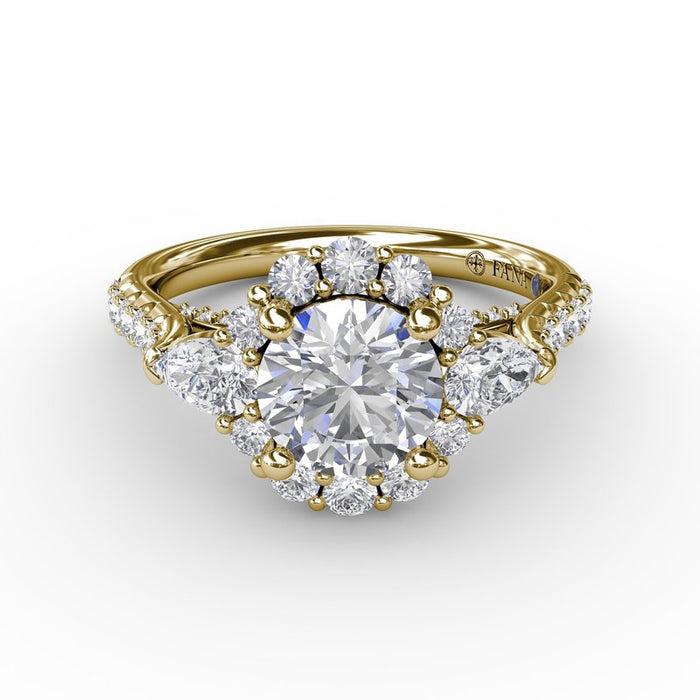 Pear-Shaped Side Stones with Halo and Diamond Shank Engagement Ring Setting