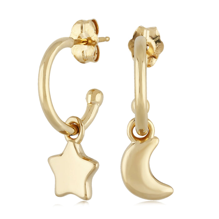 14K Yellow Gold Moon & Star Dangle Hoop Earrings