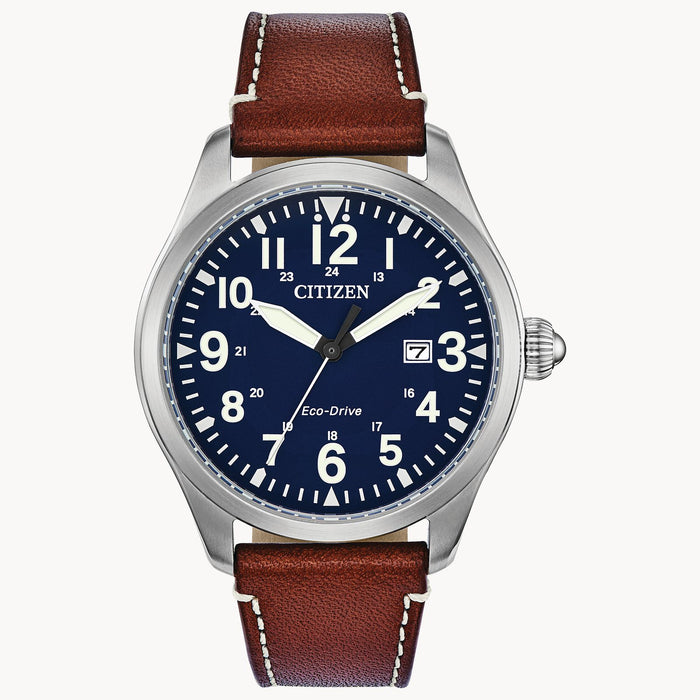 Citizen Garrison Eco-Drive Watch, Silver-Tone with Blue Dial and Brown Leather Strap