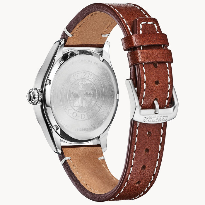 Citizen Garrison Eco-Drive Watch, Silver-Tone with Blue Dial and Brown Leather Strap