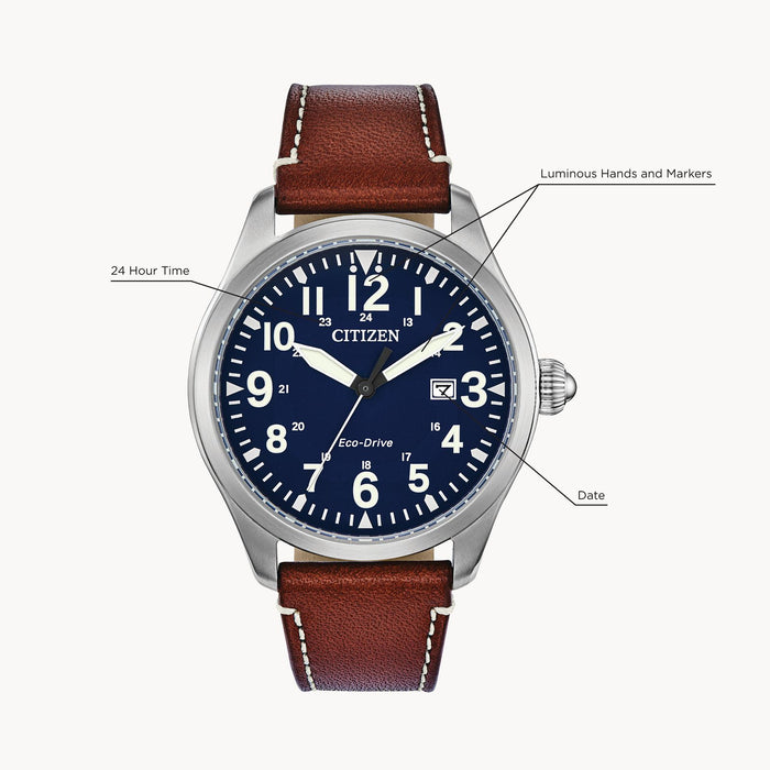 Citizen Garrison Eco-Drive Watch, Silver-Tone with Blue Dial and Brown Leather Strap