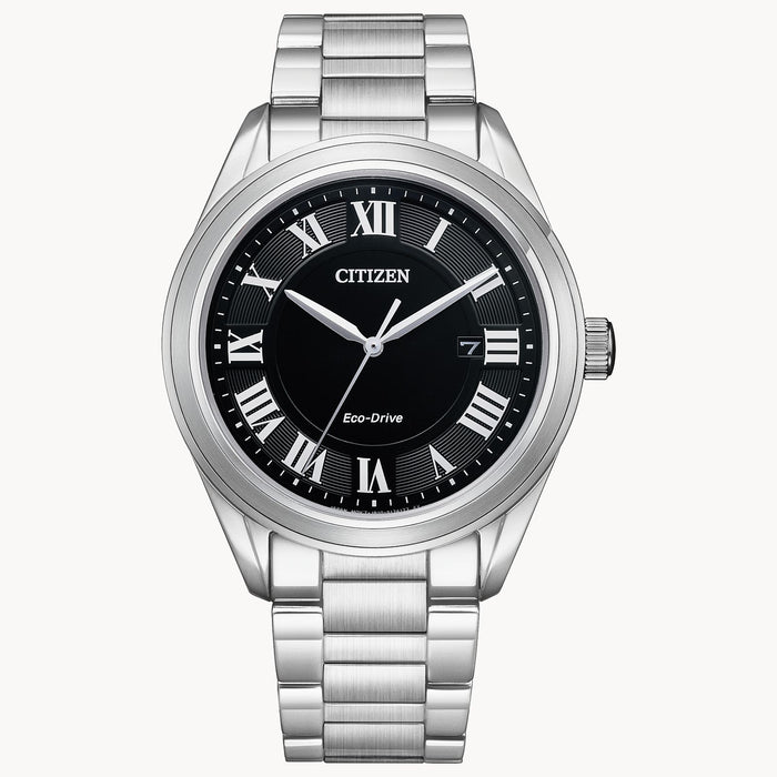 Citizen Arezzo Eco-Drive Watch, Silver-Tone with Black Dial