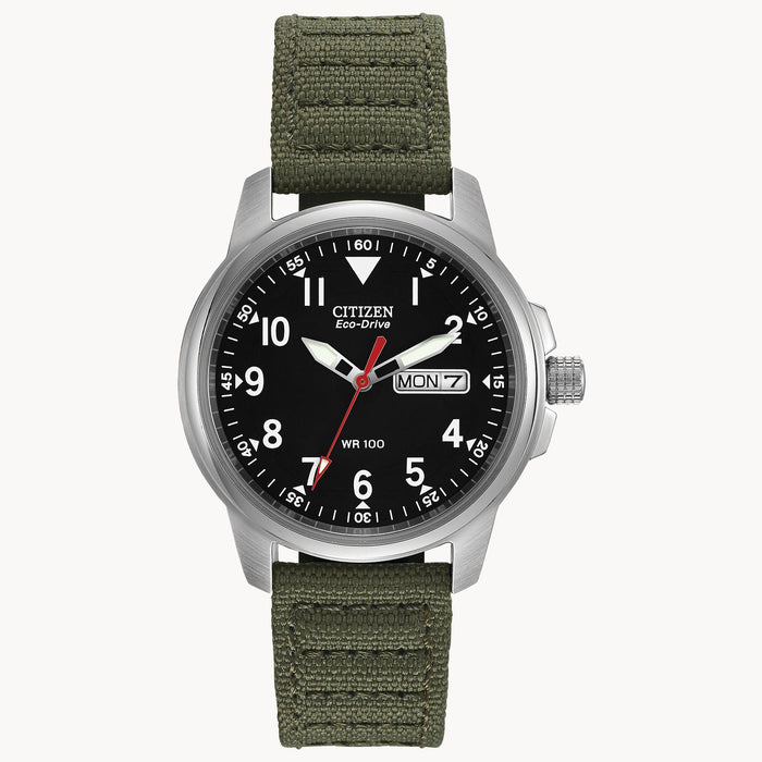 Citizen Garrison Eco-Drive Watch, Silver-Tone with Black Dial and Nylon Strap