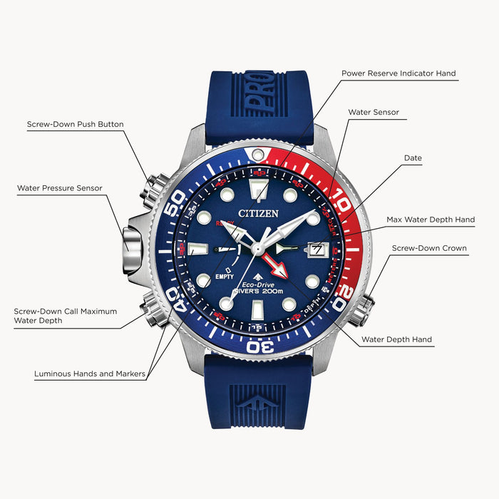Citizen Promaster Aqualand Eco-Drive Watch, Blue Dial with Polyurethane Strap