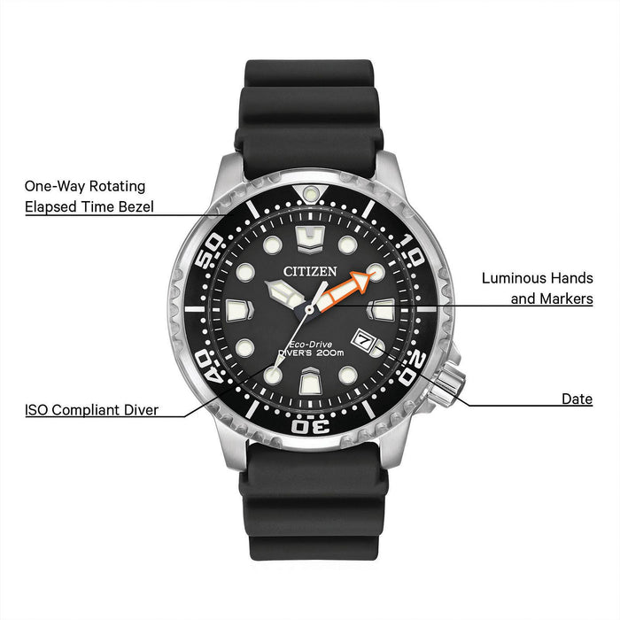 Citizen Promaster Dive Eco-Drive Watch, Silver-Tone with Black Dial and Polyurethane Strap